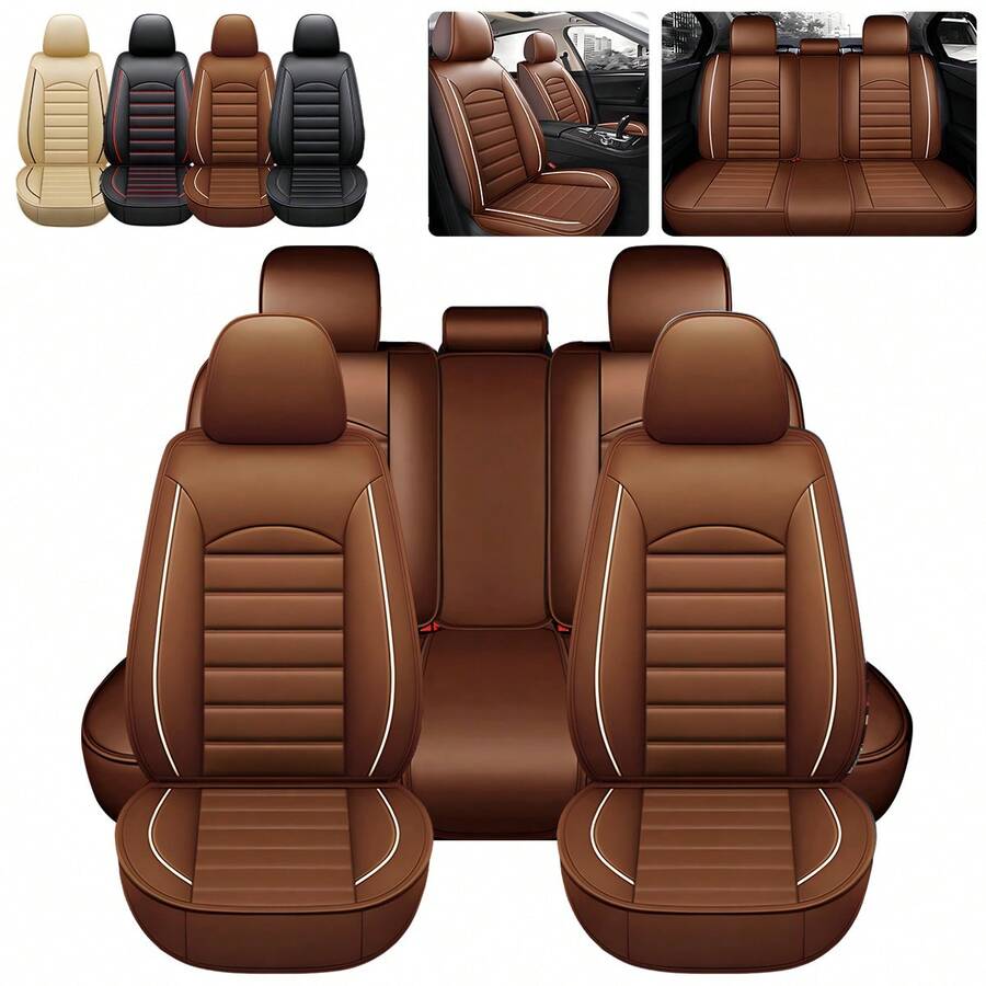 9 piezas Funda Asientos Universal De Lujoso Cuero Para Carro Vehiculo, fundas de asiento de cuero de PU acolchado de lujo, asiento delantero y trasero dividido, compatible con airbags, cojín protector antideslizante y transpirable, alfombrillas para el piso del coche, juego completo de alfombras antideslizantes delanteras y traseras, para protección del interior, adecuado para sedán, SUV, hatchback, furgoneta, lindo para decoración del coche de mujer