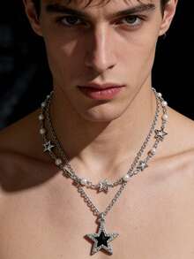 1pc Men's Silver Faux Pearl Metal Handmade Star Pendant Multi-Layer Necklace