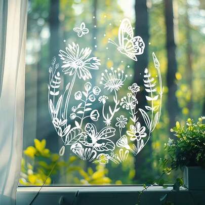 1pc Creative White Floral Butterfly Egg-Shaped Window Cling Sticker, Static Cling Glass Decor, Suitable For Spring Easter Bedroom Living Room Home Kitchen Window Beautification