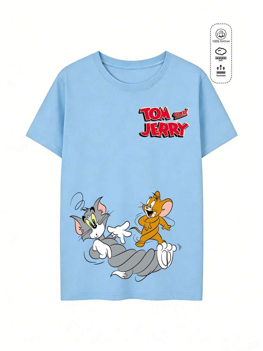 Elourie SHEIN X Tom & Jerry Playmate Fresh Casual T-Shirt Light Blue Spring/Summer Short Sleeve Features An Interactive Print Design On The Front Depicting A Classic Go. - Dusty Blue - View 1