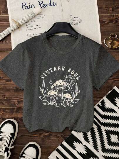 Summer Tops Plus Size Charcoal Regular Length Knitted Fabric Short Sleeve Tee With Vintage Soul Mushroom Print Graphic Tees Women Summer Outfits For Women