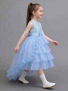 新款女童公主裙，演出服，派对礼服，特殊场合礼服，薄纱网纱公主裙，优雅可爱女童裙 - 淺色水洗藍 - 查看 3