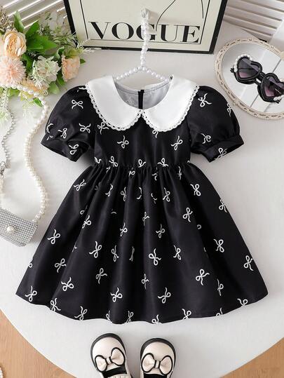 Baby Girls' Elegant Collar Puff Sleeve Short Dress With Bow Decor, A-Line Silhouette, Button Back Closure, Versatile Fashion Outfit For Toddler Girls, Suitable For Spring/Summer Daily, Party, Outing