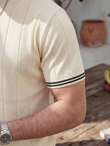 Áo thun nam ALTZTAR cổ tròn tay ngắn kẻ sọc phối màu, kiểu dáng thường ngày. - Màu be - Xem 4