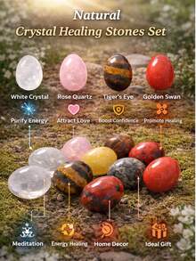 6/12 Pcs Natural Crystal Healing Stones Set - White Crystal, Rose Quartz, Tiger's Eye, Yellow Jade, Golden Swan, And Watermelon Red Gemstones For Home Decor, Meditation, Energy Healing, And Gift - Multicolor - View 5