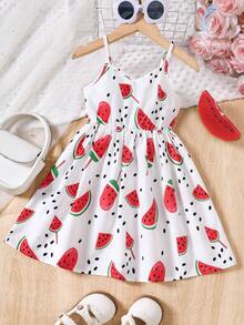 Young Girls Watermelon Fruit Print Sleeveless Casual Dress, Vacation Style, Spring/Summer - White - View 1