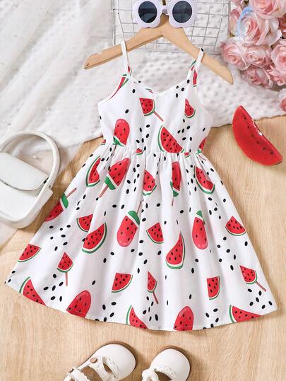 Young Girls Watermelon Fruit Print Sleeveless Casual Dress, Vacation Style, Spring/Summer