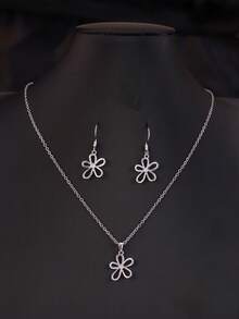 Conjunto de 3 piezas de aretes y collar de mujer con flor de cinco hojas hueca y cristales de estrás, adecuado para uso diario - Conjunto de joyas - Ver 6