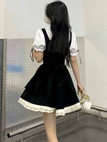 Collegiate Style 2 In 1 Cinching Waist Bow Decor Dress (With Tie) Black Elegant Summer - Black - View 6