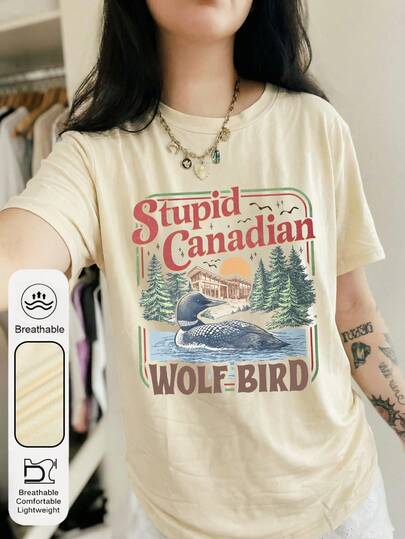 Plus Size Women's Daily Foolish Canadian Wolfbird Graphic Crew Neck Short Sleeves Casual Summer Women's Tops ,Passionate Showdown Graphic Women's Apricot T-Shirt