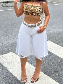 大码女式白色破洞牛仔短裤，宽松版型，毛边裤脚，100%纯棉，休闲街头风夏季单品 - 白色 - 查看 5