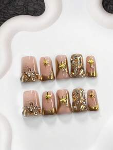 10片装复古法式多功能凝胶美甲套装，亚克力压制甲片，香槟色不对称钻石形，金色星空美甲装饰，银色闪粉猫眼，金色渐变法式，包含美甲工具（1片果冻贴+1个指甲锉），3种尺寸可选，手工制作。 - 彩色 - 查看 16