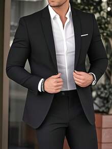 Essential 2-Piece Groomsmen Suit Set For The Groom Premium-Quality, Fashionable Slim-Fit Men's Wedding Attire Suitable For Evening Parties, Business Formal Occasions Men's Suit Set - 黑色 - 查看 1