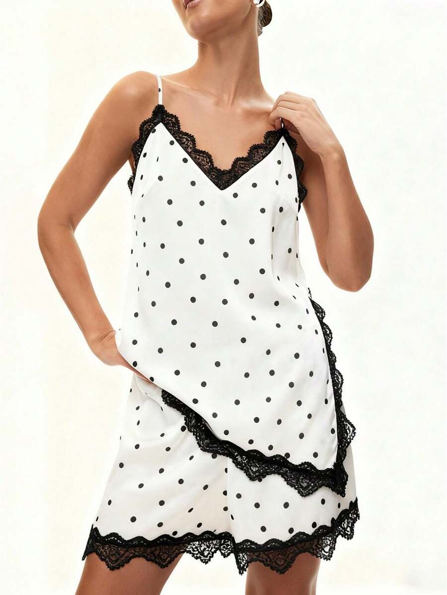 Women Summer Outfit Dot Print Lace Trim Spaghetti Strap Asymmetrical Tops And Shorts 2 Piece Casual Set - trắng - Xem 1
