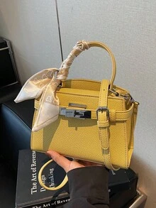 高端优雅丝巾装饰女士手提包；现代风格精致五金搭扣设计单肩包，简约百搭都市通勤风可调节肩带斜挎包 - 黃色 - 查看 5
