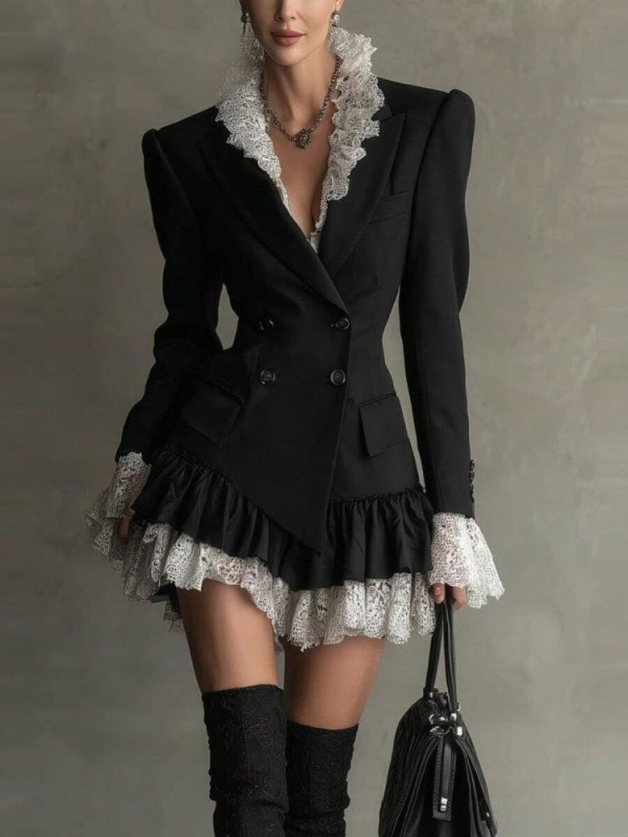 Women's Fall Winter Patchwork Color Block Dress | Elegant Workwear Long Sleeve Slim Fit Dress - Black - View 1