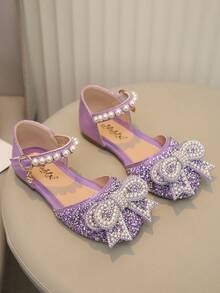大童女童休闲平底公主风蝴蝶结水钻珍珠鞋 - 紫色 - 查看 2
