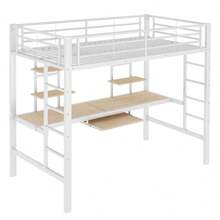 Loft Bed, 90*200 Cm, Metal Bed Frame, Iron Bed, Loft Bed With Desk And Two Bookshelves For Children, Teenagers And Adults, White - White + Metallic + 90cm X 200cm - View 4