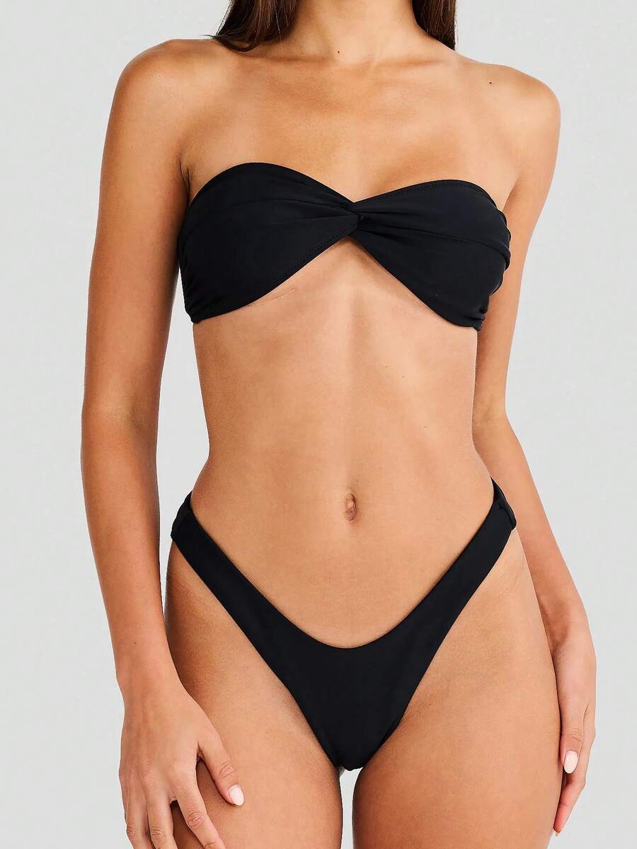 Womens Bandeau Bikini Sets Strapless Two Piece Swimsuit Y2K High Cut Cheeky Swimsuit Teen Girls Twisted Ruched Bathing Suit - màu đen - Xem 1