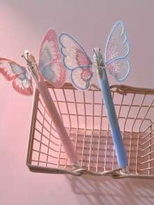 1pc Random Creative Butterfly Push-Button Erasable Pen, 0.5mm Blue Ballpoint Pen - Round - View 6