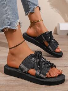 女士新款平底系带拖鞋，时尚军绿色凉鞋，防滑沙滩拖鞋，多功能休闲轻便软底透气拖鞋 - 黑色 - 查看 3