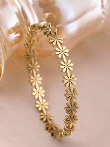 Set de 4/1 pulsera de lujo con incrustaciones de flores y rhinestones dorados, diseño exclusivo de pulsera apilable, joyería de uso diario de acero inoxidable - Amarillo Oro - Ver 9