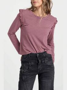 ARMONIAS Camiseta de Rayas Armonías Teen con Volantes en Hombros, Cuello Redondo y Manga Larga para Mujer, Hecha en Italia, Mezcla de Algodón y Poliéster, Disponible en Tallas S, M y L, Color Azul Navy, Tela con Elasticidad Normal, Ideal para un Estilo Casual y Confortable, Diseño Exclusivo para un Look Moderno y Juvenil - N. AZUL - Ver 5