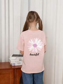 Tween Girl Floral Print Round Neck T-Shirt, Summer Top - Pink - View 2