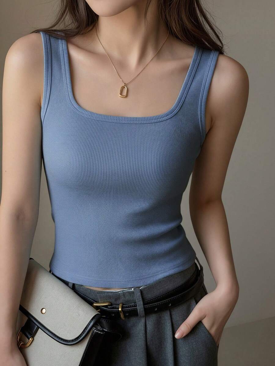 女士纯色修身棉质细条纹无袖U领T恤,柔软舒适,适合日常休闲穿着 - 藍色 - 查看 1
