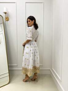 Midi Dress With Embroidered Lace, Princess Sleeves, Functional Button, Embroidered Flowers, Button Front, Ruffled Hem, Beach Dress, Wedding Dress, Spring/Summer. - White - View 4