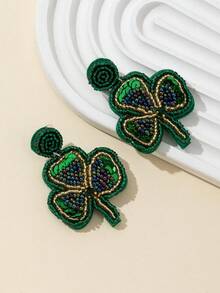1 par de pendientes hechos a mano con hojas verdes y perlas para el Día de San Patricio, para mujeres - lentejuelas - Ver 4