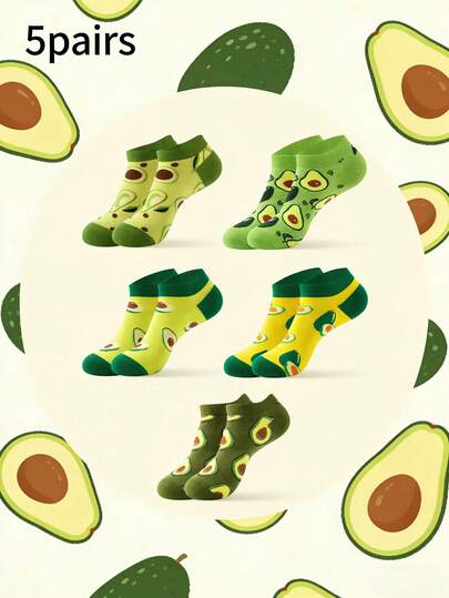 5 pares de calcetines tipo barco con diseño de aguacate, unisex - Diseños de aguacate entero y en rodajas, calcetines novedosos y frescos para uso casual diario, regalo ideal para amantes del aguacate y del verano, calcetines de moda y ocio durante todo el año