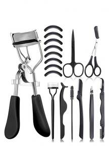 17件/15件/14件/1件睫毛夹套装，男女通用，包含睫毛夹、睫毛梳、睫毛延长器、镊子、眉刷、剪刀、睫毛胶涂抹器、眉毛修剪器和硅胶替换垫。使用方便，睫毛夹可重复使用，便携包装，握感舒适，适合作为母亲节、万圣节、情人节、圣诞节等各种场合的礼物。 - 彩色 - 查看 13