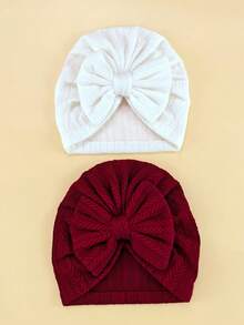 2个/包 1-6个月婴儿针织提花发带帽，婴儿蝴蝶结头巾帽，帽子，新生儿针织帽 - 彩色 - 查看 11