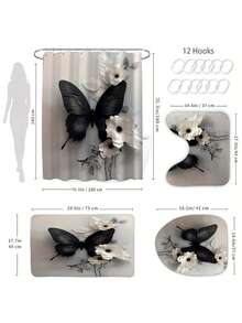 1/4pcs Polyester Shower Curtain - Black & White Floral And Butterfly Design, With Roses, Lilies, Sunflowers | Machine Washable | Elegant Bathroom Decor, Shower Privacy | Fashionable Design | Polyester Fiber, Shower Curtain Set - A - View 5