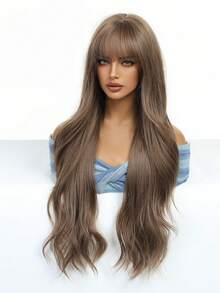 1顶女士红棕色波浪卷发假发，带刘海，26英寸长卷曲合成发，高温丝材质，玫瑰网帽，150%密度，适合日常和派对使用 - 棕色 - 查看 4