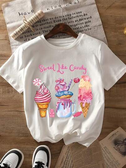 Teenage Girls' Cartoon Ice Cream & Candy Print Round Neck T-Shirt, Casual Soft Top For Spring/Summer