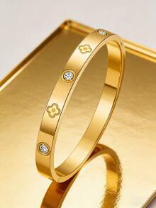 1pc Fashionable & Personalized Luxury Stainless Steel Zirconia Bracelet For Women, Suitable For Party, Gathering, And Daily Wear - Gold 1 - View 4