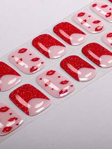 22pcs Romantic Elegant Red Shiny Gel Nail Stickers, Classic French Style With Bow & Lip Print Glitter Design, Attractive Nails, Low Allergy, Protect Natural Nails, Long-Lasting, No UV Lamp Needed, Fashion Nail Art Supplies For Women, Girls, Valentine's Day, Birthday Party, Daily Use - Red - View 3