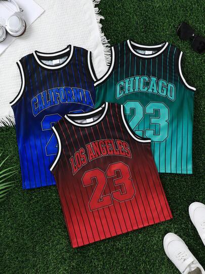 Purechapter 3pcs/Set Tween Boys' Moisture Wicking Sports Set, Cool Gradient Stripe & Letter Graphic, Crew Neck Racerback Tank Top, Suitable For 8-12 Years Old Boys & Girls Casual Wear, Outdoor Sports, Summer Vacation, Spring/Summer