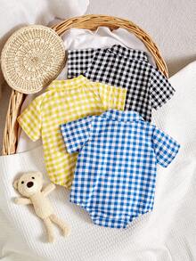 3pcs/Set Summer New Baby Boy Polo Collar Chest Pocket Embroidered Bear Plaid Short Sleeve Romper Outfit Set - Multicolor - View 2