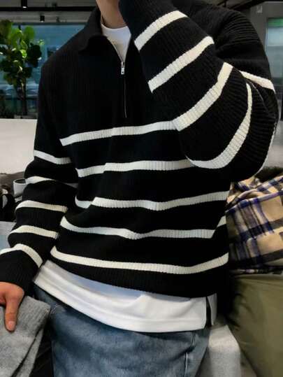 男士条纹撞色毛衣，秋冬季百搭长袖上衣
