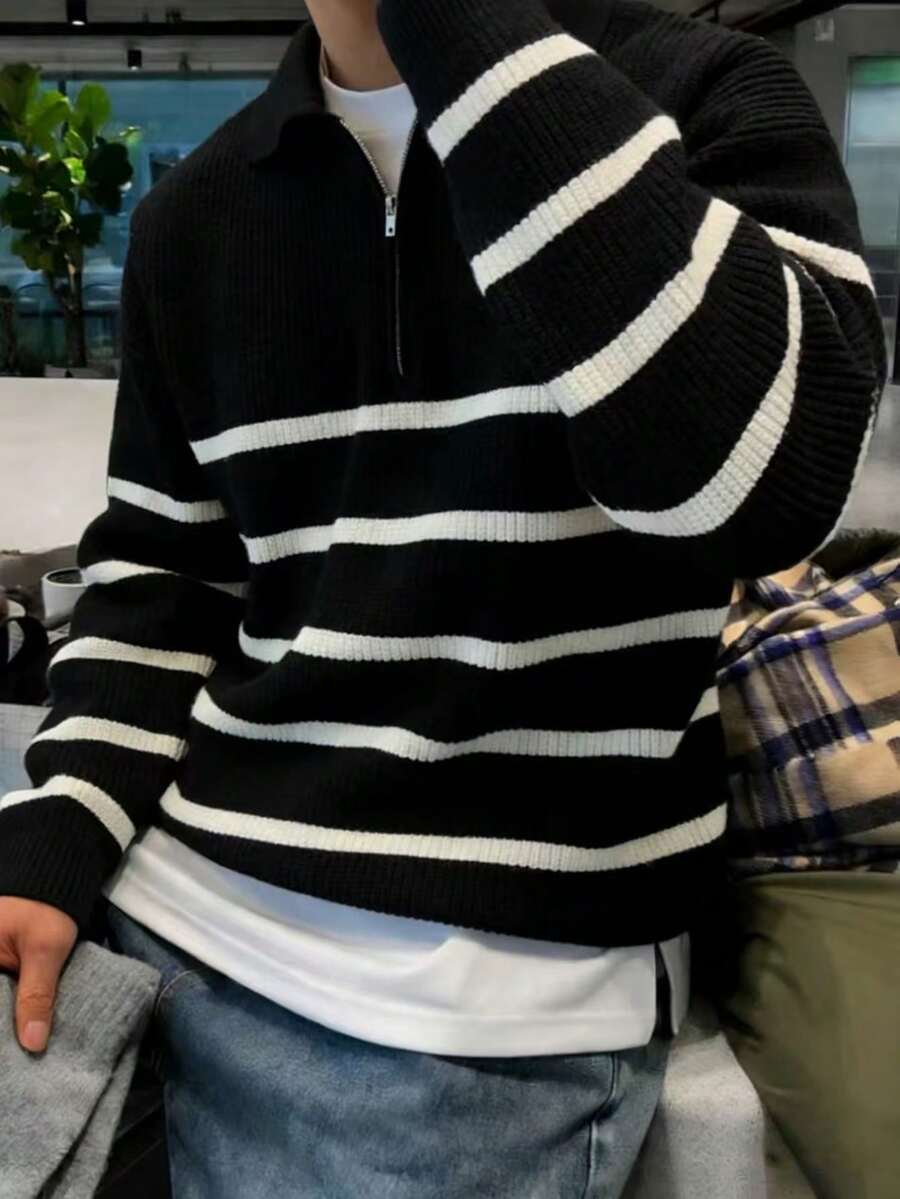 男士条纹撞色毛衣，秋冬季百搭长袖上衣 - 黑色 - 查看 1