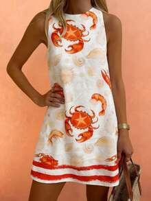 休闲度假风女式螃蟹印花无袖吊带裙，春夏款 - 彩色 - 查看 8