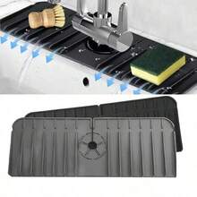 1pc Silicone Drain Mat, Kitchen/Bathroom Sink Splash Guard, Anti-Slip Mat/Rack - Black - View 1