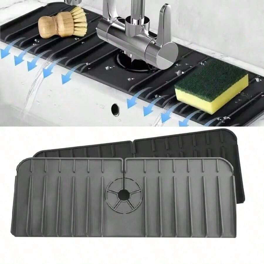 1pc Silicone Drain Mat, Kitchen/Bathroom Sink Splash Guard, Anti-Slip Mat/Rack - Black - View 1