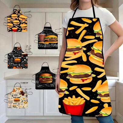 1件快餐主题围裙，手绘汉堡、披萨、甜甜圈、咖啡等快餐元素图案，非常适合家庭厨房烹饪烘焙和餐厅使用。