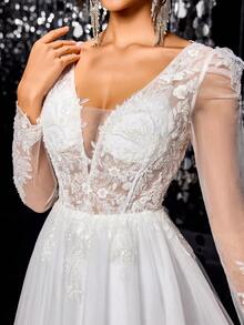 Solid Color Sequin Patchwork Mesh Splice V-Neck Long Sleeve Wedding Dress - White - View 3