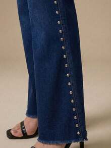 pthirillo Women's Dark Blue Flare Jeans With Butt-Lifting, High Waist, And Rhinestone Detail - Premium Rhinestone Jeans - Spike On the Side - View 2