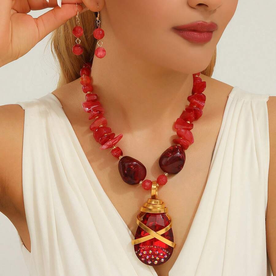 1 Set Exaggerated Multi-Layer Handmade Aluminum Wire Woven Resin Acrylic Chain Bohemian European Middle Eastern Style Elegant Crystal Shape Necklace & Earrings Set, Suitable For Evening Party, Vacation - Red - View 1